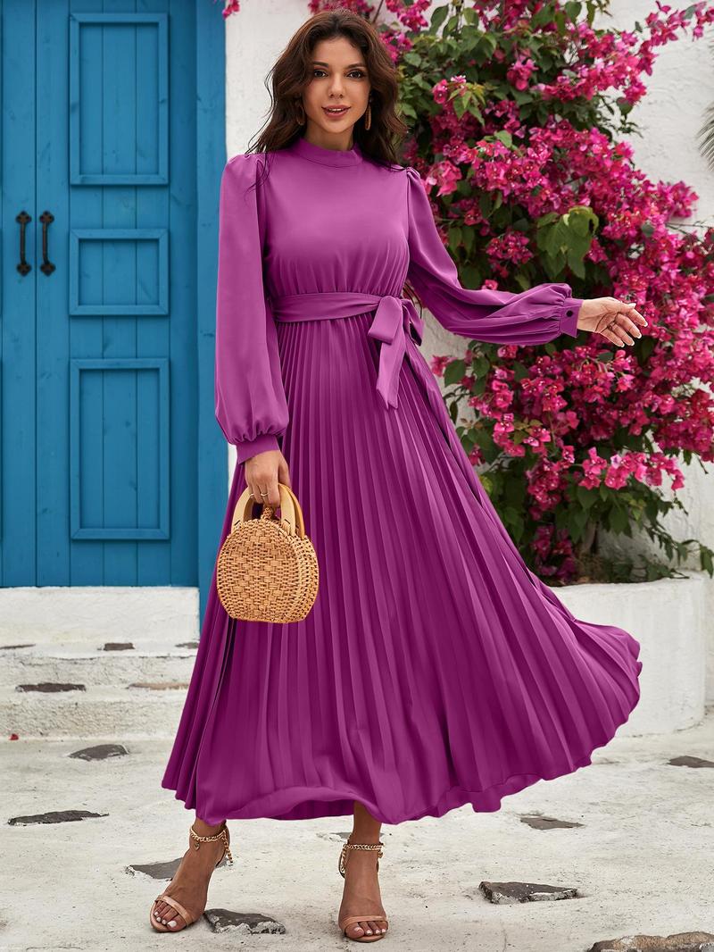 Product Introduction of Women's Solid Belted Pleated Dress, Elegant Bishop Sleeve Keyhole Back A Line Dress for Spring & Fall, Women's Clothing for Wedding Guest, Dresses for Women 3