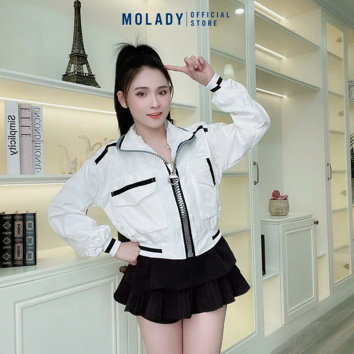 Áo Khoác Lụa Xà Cừ MOLADY K211 Thiết Kế Cổ Bẻ Phối Viền Màu Cá Tính Top Jacket
