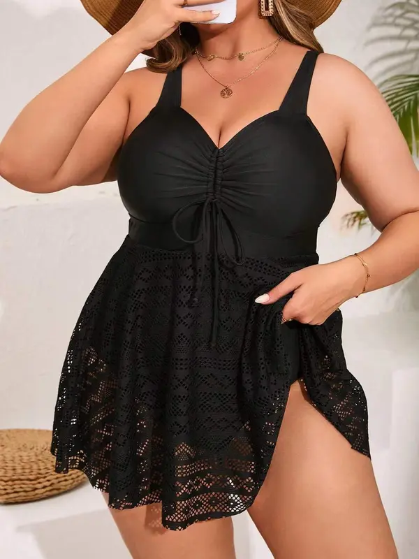 Plus Size Solid Color Ruched One-piece Swimsuit, Casual Comfortable Breathable Adjustable Strap Swimwear for Beach Holiday Vacation, Women's Swimsuit for All Seasons, Swimsuit for Women, Swim Bodysuit, Summer Spaghetti Strap Modest Swimsuit 8