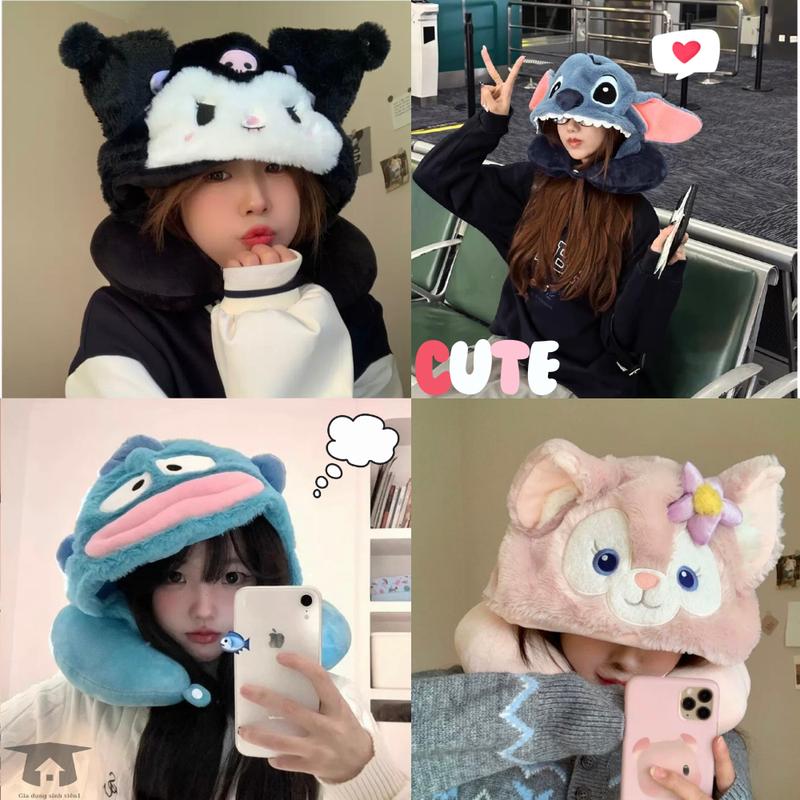 Gối chữ U kèm mũ to che mắt hình hoạt hình đáng yêu