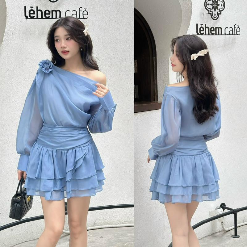 Set hai món nữ : áo trễ vai đính hoa phối chân váy tầng tiểu thư  màu nude màu trắng màu đen  màu xanh chất voan mềm sang trọng