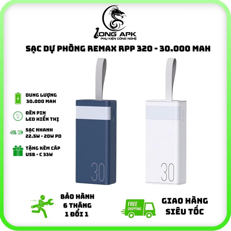 [có CCC] Pin dự phòng 30000 mah RP320 sạc nhanh 22.5w - 20w PD phụ kiện LONG APK sạc điện thoại đèn led Titan