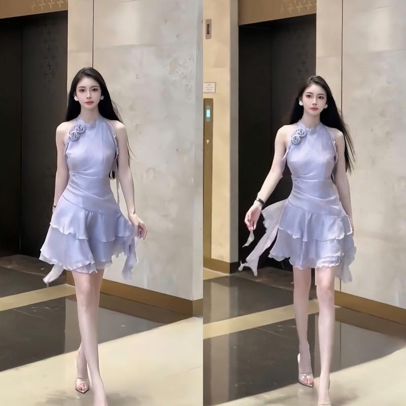 Đầm dự tiệc tiểu thư dáng ngắn chất voan tơ cổ hoa phối bèo màu trắng, tím, xanh, hồng sang trọng