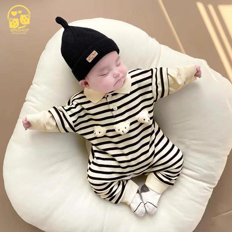 Bodysuit cho bé dài tay Đính Gấu dễ thương,Bộ Áo liền quần cho bé gái, bé trai chất Len Tăm, Mẫu quần áo sơ sinh 0-12M Jumpsuit
