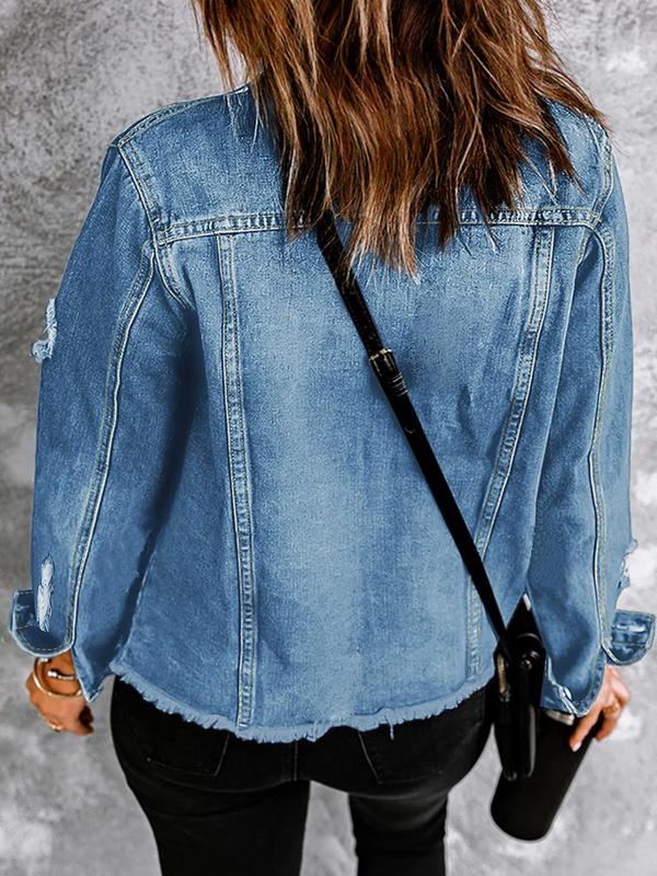Women's Plain Ripped Button Front Denim Jacket, Casual Long Sleeve Collared Raw Hem Jacket for Daily Wear, Ladies Clothes for All Seasons 1