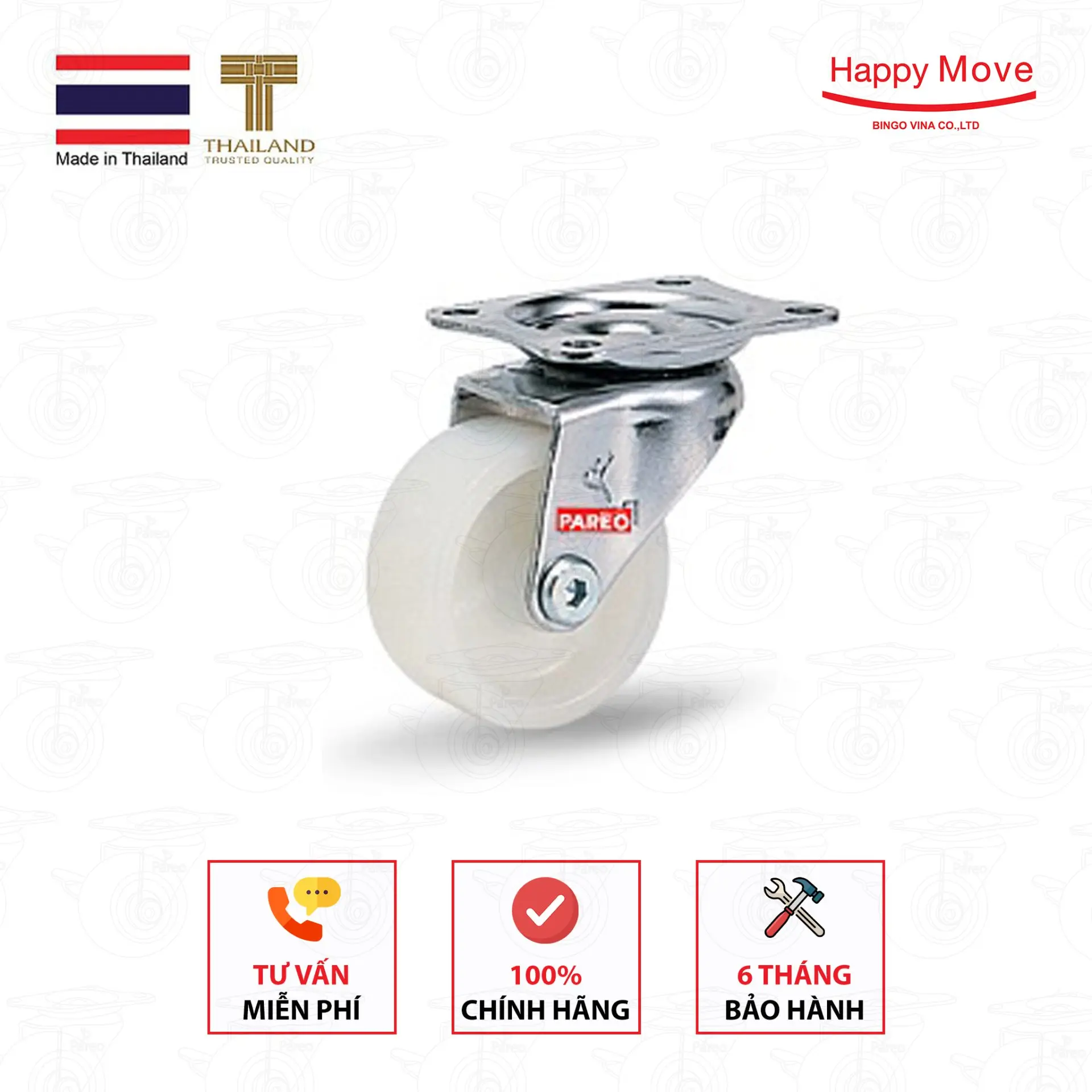 Bánh xe đẩy nylon tải nhẹ càng xoay 360 độ - 50-65-75mm - Happy Move Thái Lan