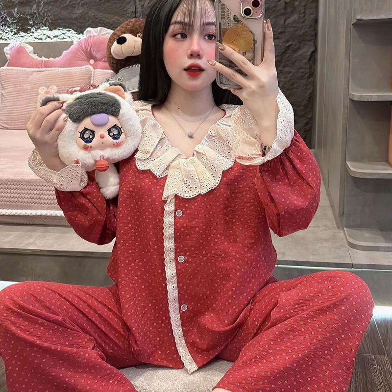 Đồ Bộ Nữ Chất Vải Đũi Hoa Nhí Đỏ , bộ pijama đũi tiểu thư , bộ ngủ thu đông freesize 40-60kg [ Tổng Hợp Mẫu ] Women Nhung Voi  Kem 3
