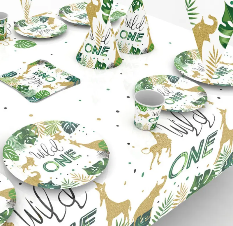 Disposable Wild One Jungle Safari Birthday Tableware Set - Plates, Cups, Napkins, Tablecover, Straws 2
