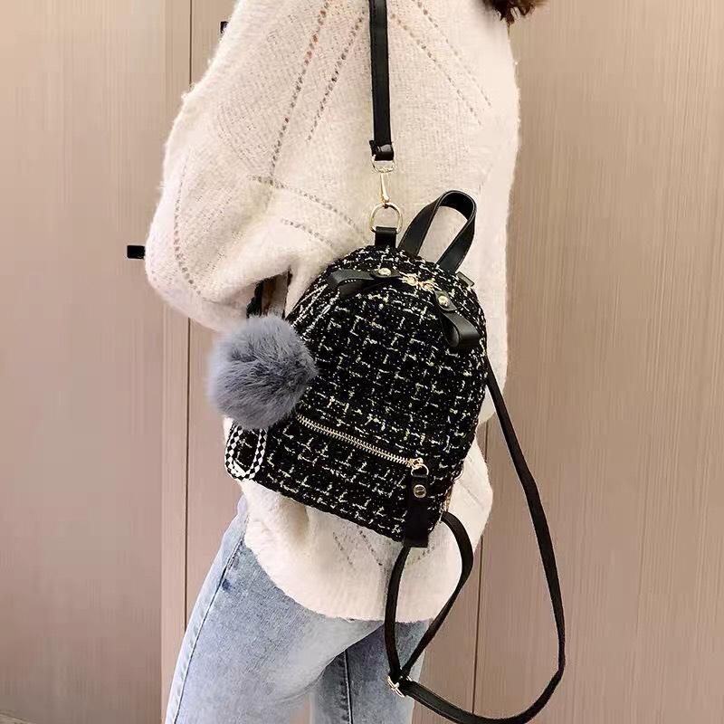 Product Introduction of Balo Mini Nữ Vải Dạ Kim Tuyến Phối Da Kèm Móc Bông V16 Đeo Vai Backpack 4