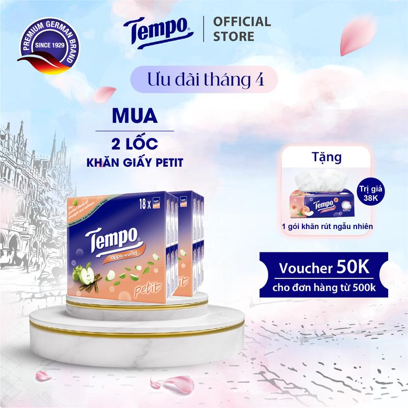 [MUA 2 LỐC 18 GÓI TẶNG 1 GÓI KHĂN RÚT NGẪU NHIÊN] Khăn giấy bỏ túi cao cấp Tempo Petit - 4 lớp bền dai - Thương hiệu Đức (Lốc 18 gói)