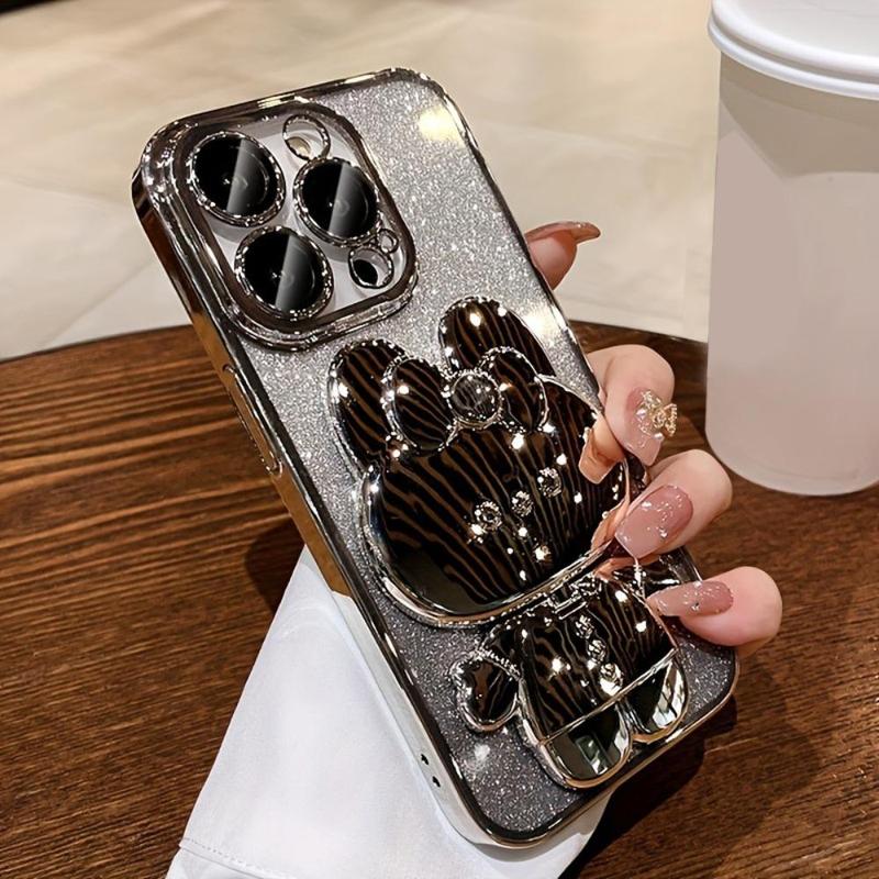 Cute Bunny Design Phone Case with Camera Lens Protector & Hidden Mirror Holder, Shockproof Phone Protective Cover, Phone Accessory Compatible with iPhone 15 14 13 12 11 Pro Max Plus 0