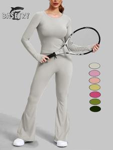 Two-Piece Set Women's Solid Raglan Sleeve Tee & Flare Leg Pants Tracksuit Set, Sporty Round Neck Long Sleeve Top & Bell Bottom Trousers for Gym Yoga Workout, Ladies Sportswear for Fall & Winter