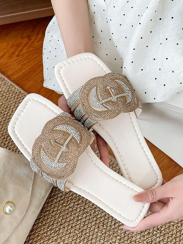 Women's Fashionable Rhinestone Decorated Slides, Casual Comfortable Flat Sandals for Summer, Lightweight Breathable Shoes for Daily Wear 0