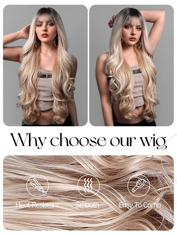 30 Inch Long Ombre Blonde Wavy Wigs for Women, Gorgeous Fluffy Wigs with Bangs, Synthetic Full Machine Wigs for Party, Daily Use 4
