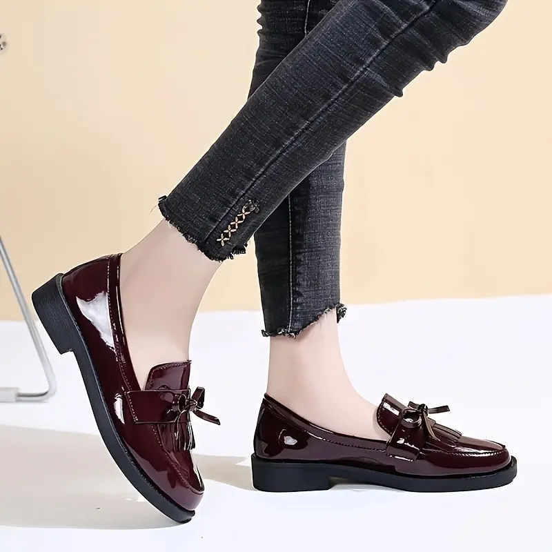Preppy Solid Color Round Toe Slip-on Women'S Shoes, English Style, All-season, with Bow Embellishment, Made of Man-made Materials, Faux Sole and PVC Insole, with Fabric Inner Material, Hand Wash Only 3