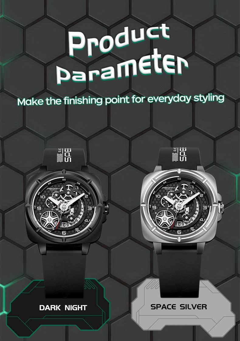 Product Introduction of Square Watch Men's Mechanical Style Sports Fashion Watch National Style Luminous Waterproof Silicone Band Quartz Watch 12