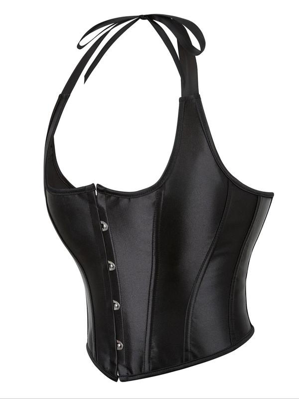 Women's Backless Lace Up Grommet Eyelet Decor Halter Neck Crop Shapewear Top, Solid Color Tie Back Corset Structure Shaper, Tummy Control Corset, Fashion Women's Shapewear 2