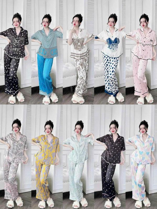 Bộ quần áo pijama lụa quần dài áo cộc tay tà áo lượn sóng mới mềm mát