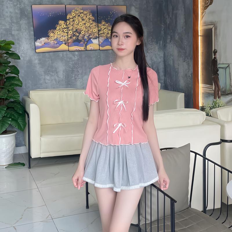 Áo thun baby tee đính nơ sang chảnh hot hit 2025 chất liệu vải thun tăm lạnh dày dặn thoáng mát co giãn 4 chiều. Nữ Women Top Cổ Tròn Jean