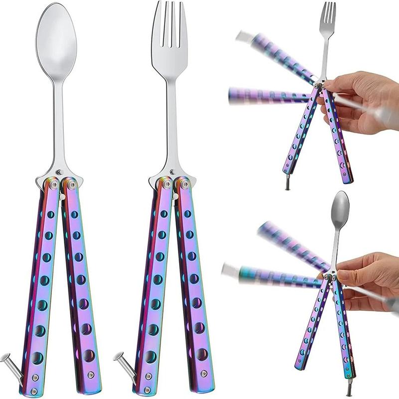 Product Introduction of New Stainless Steel Butterfly Folding Spoon Fork Practice Training Outdoor Balisong Training Tool Tableware Camping 12