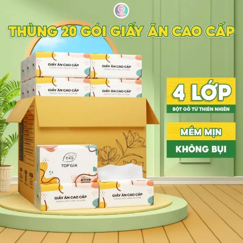 Thùng 40 gói Giấy ăn rút Topgia đa sắc cao cấp 240 tờ 4 lớp, dập vân 4D, mềm mịn, thấm hút tốt