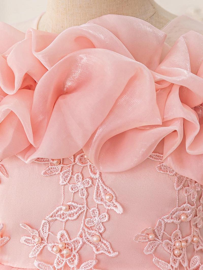 Product Introduction of Girl's Floral Embroidery Contrast Sequin Faux Pearls Zipper Back Fit and Flare Party Dress, Elegant Contrast Mesh Maxi Tutu Dress for Party Performance Wedding Guest, Kids Clothes for All Seasons 5