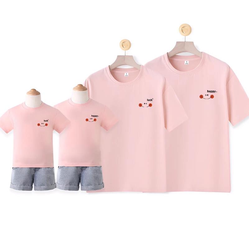 Set áo thun gia đình 3-4-5 người cao cấp hoạ tiết HAPPY LUCK chất vải cotton cao cấp. 3