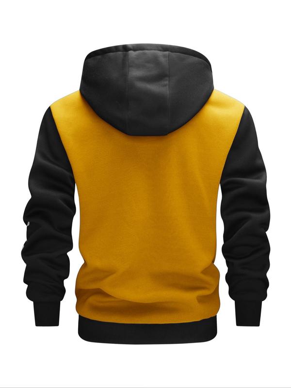 Men's Colorblock Letter Print Drawstring Button Front Hooded Jacket, Regular Fit Casual Pocket Long Sleeve Outerwear For Spring & Fall, Men's Clothes For Daily Wear 7