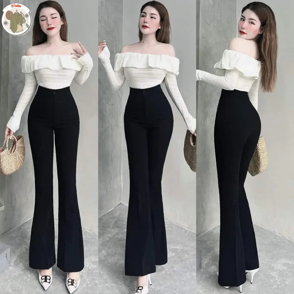 [ LOE06 ]QUẦN ỐNG LOE VẢI TUYẾT MƯA MỀM QUẦN ỐNG LOE NỮ CẠP CAO DÁNG ĐỨNG MẶC CÔNG SỞ ĐI HỌC ĐI LÀM. MÀU ĐEN ONG WOMEN PANTS KEM VOAN