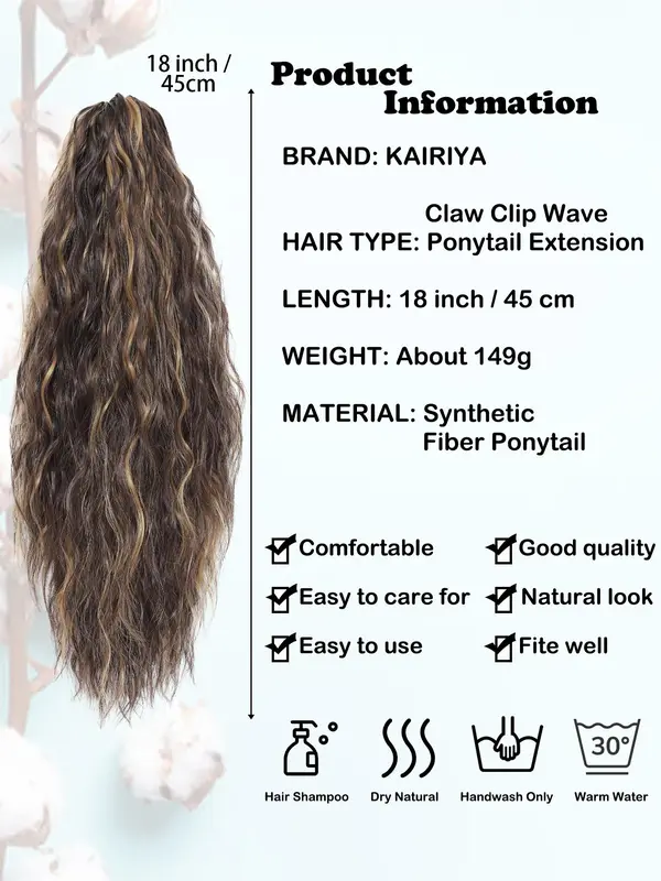 18 Inch Long Wavy Ponytail Extension, Natural Fluffy Claw Clip Synthetic Ponytail Extension, Synthetic Hairpiece Wigs for Women, Clip Hair Extensions, Ponytailwig 1