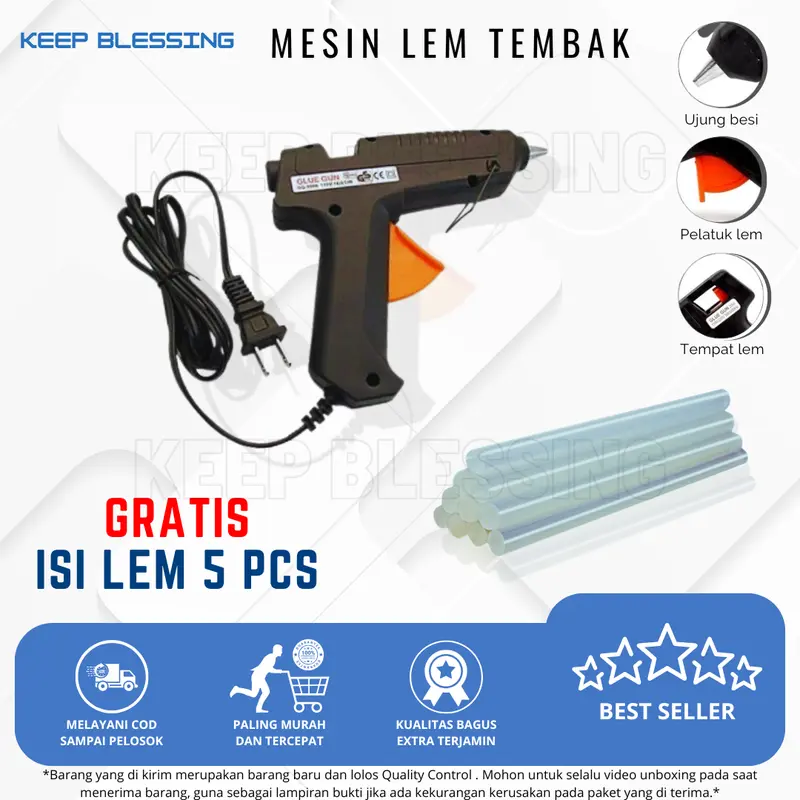(Gratis isi lem 5 pcs) Glue Gun Mesin Lem Tembak - Hot melt Glue gun - Cocok untuk DIY, Kerajinan, dan Reparasi - Aman dan Tahan Lama - Biru Baru 0