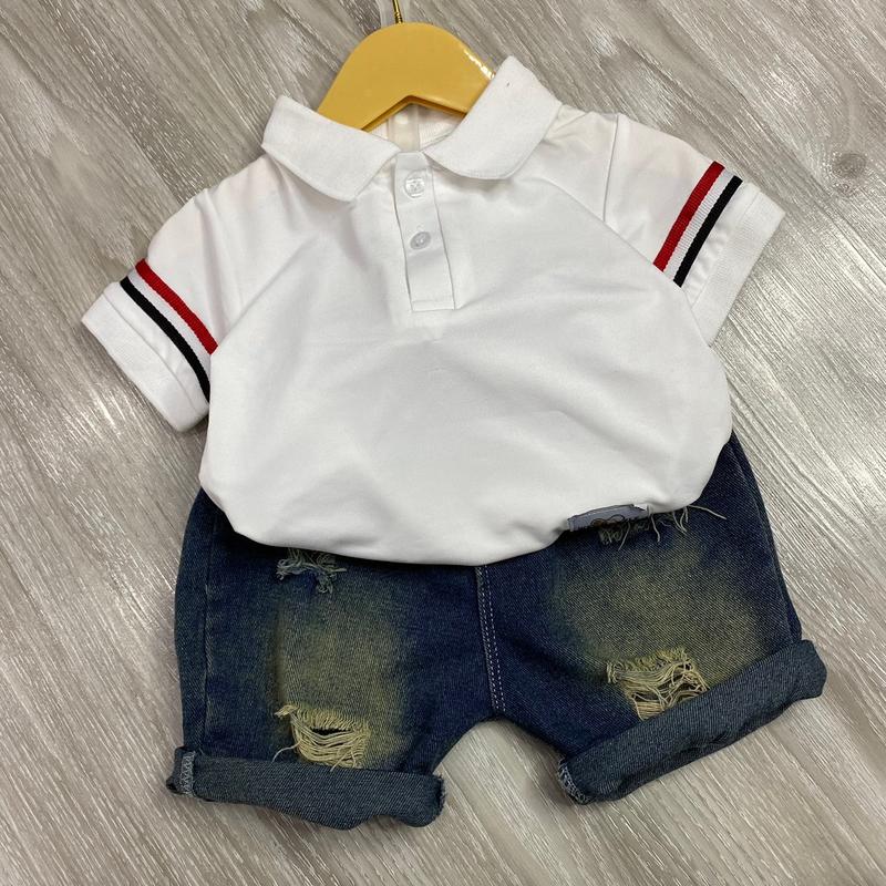 Bộ polo cổ bẻ viền tay hai màu trắng đen co giãn tốt kèm quần jean lửng cho bé trai size 8-28kg