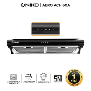 Niko Cooker Hood ACH 60A Black – Penghisap Asap Dapur 60cm, Kap Kompor Motor Tembaga 3 Kecepatan, LED 2x1.5W, Filter Aluminium, Kaca Visor, Corong Aluminium 1.5m, Anti Bau & Tahan Panas