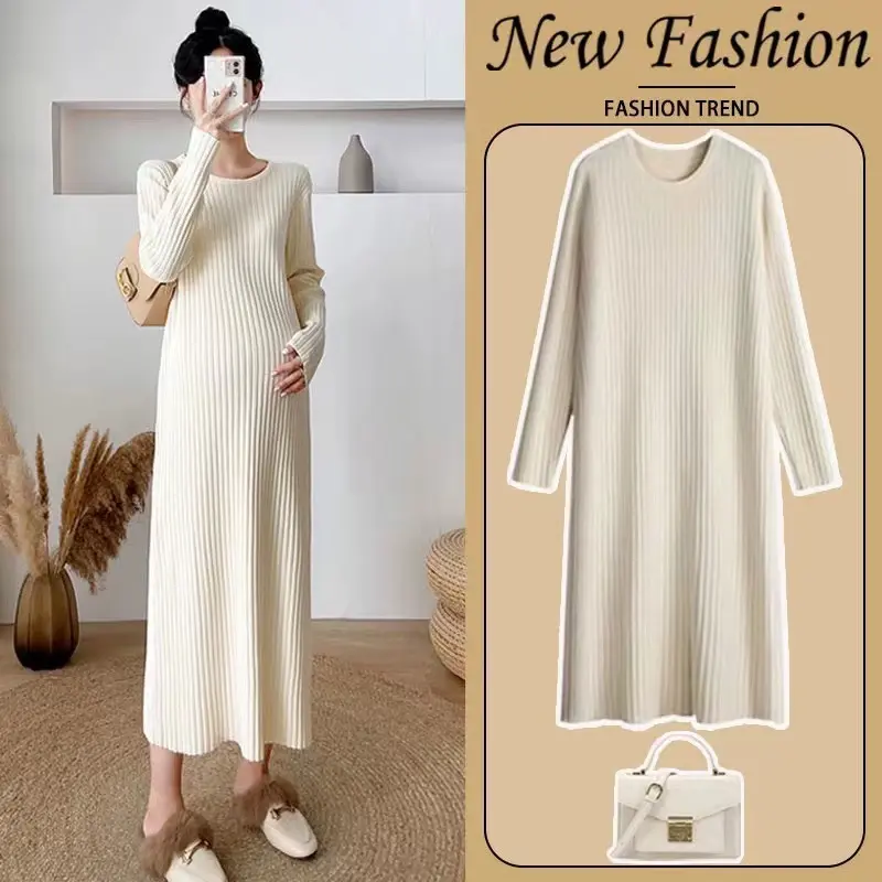 Maternity Clothes Autumn and Winter Long Base Ride Woolen Skirt Fashion Loose and Simple Knitted Dress Match with Coat for Pregnant Women