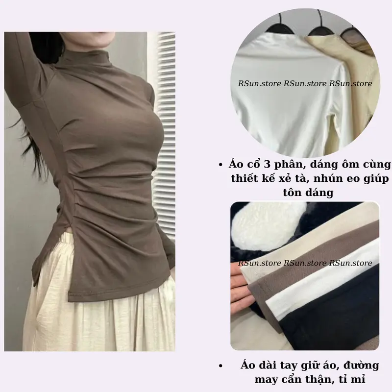 Áo giữ nhiệt cổ 3 phân nhúm sườn bigsize RSun, Áo cổ leo dài tay xẻ tà bigsize 222 Nữ Top 2