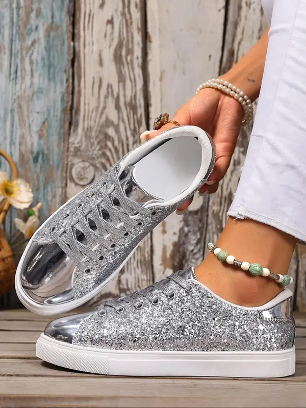 Metallic Sequined Korean Style Shoes, Trendy Casual Footwear for Students, Sparkling PU Leather with Rubber Sole 2