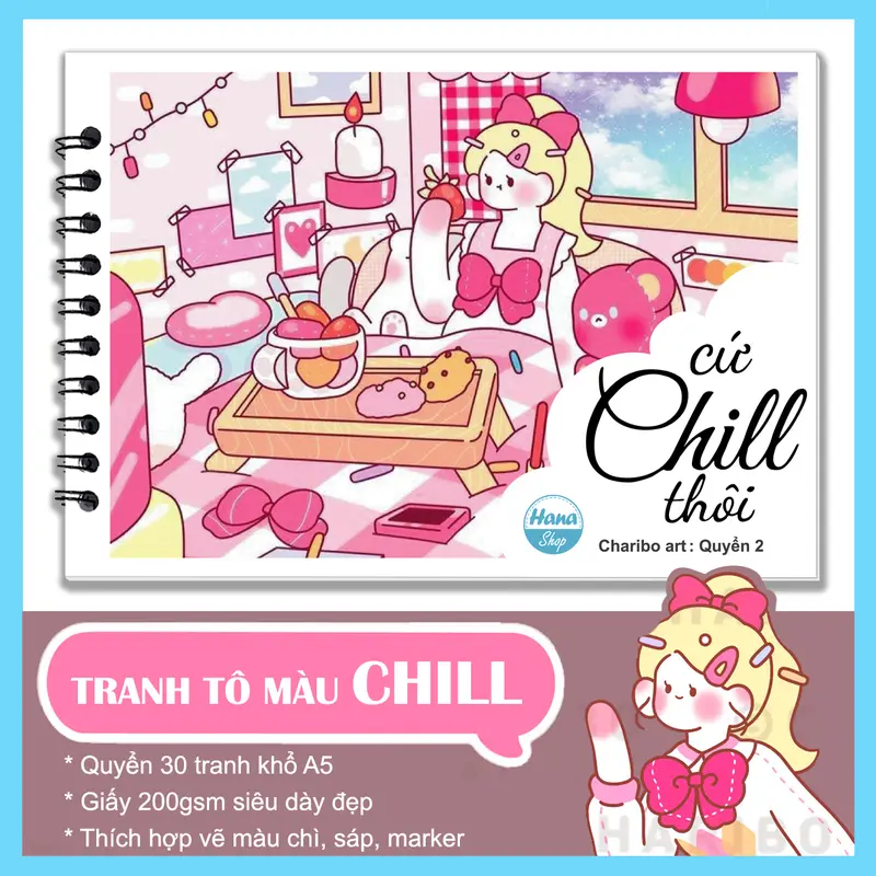 Tranh tô màu Charibo "Cứ chill thôi" quyển 30 tranh, giấy 200gsm khổ A5 dày đẹp 8