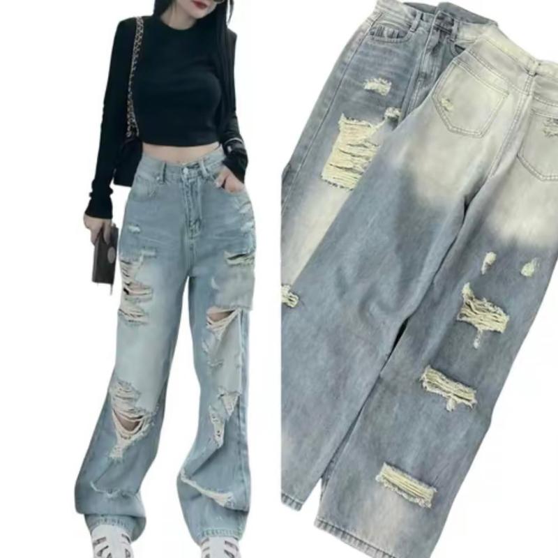 Quần Jean Nữ Ống Rộng Suông Dài 100cm Chất Bò Xanh Bạc Thời Trang Xịt Trước Sau Rách Cá Tính Trước Sau Lưng Cao Nâng Mông V115 - Women Pants