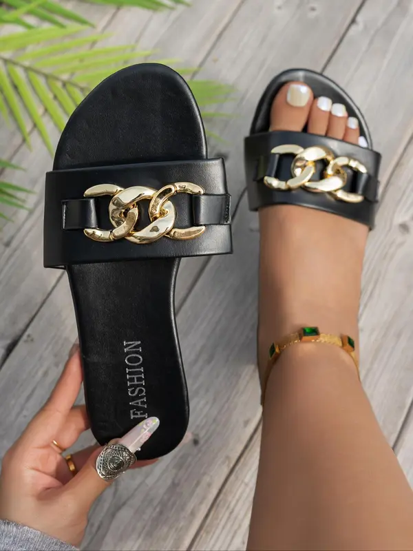 Women's Fashionable Chain Decorated Slide Sandals, Casual Comfortable Flat Sandals for Summer, Lightweight Breathable Slippers for Daily Wear, Walking Shoes, Classy Sandals 5