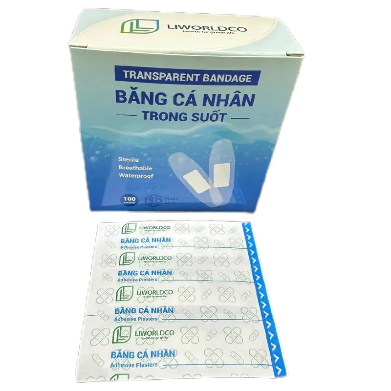 Băng dính cá nhân trong suốt hộp 100 miếng bản nhỏ 1,9x6,0cm không thấm nước dán chắc thông thoáng dùng trong sơ cứu sinh hoạt hằng ngày. 1
