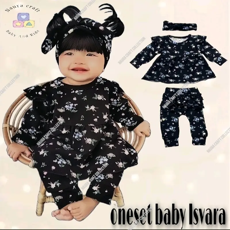 NCC- Usia New Born - 18 bulan Setelan Panjang Baby Perempuan ISVARA Free Headband Oneset Baju lengan panjang bayi Cewek Katun Bunga 0