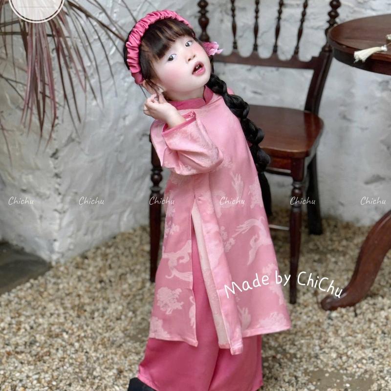 Áo Dài Bé Gái CHICHU Gấm Hồng Phượng Hoàng Cổ Tầu Cách Tân TẶNG CÀI TÓC Theo Set áo dài  bé gái 2