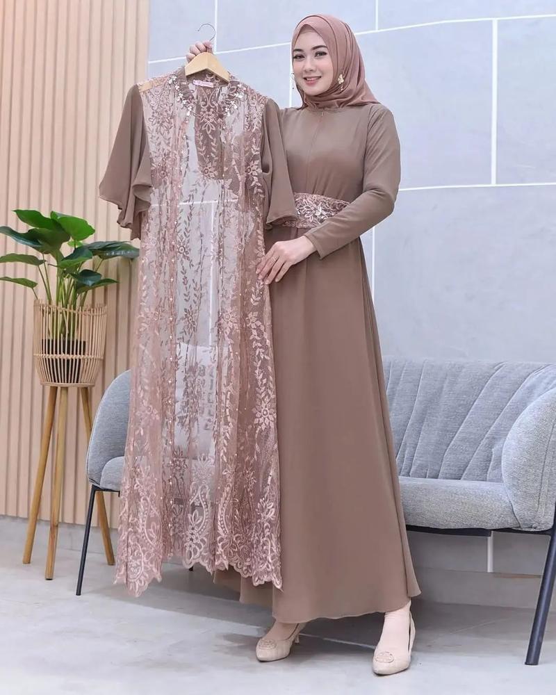 Product Introduction of Clarissa Dress Inner + Outher Brukat Premium Free Belt / Gamis Brukat Aplikasi Mutiara Busui Friendly / Gamis Kondangan Lebaran Mewah Elegant Simple By AM Ceruty Muslim 10