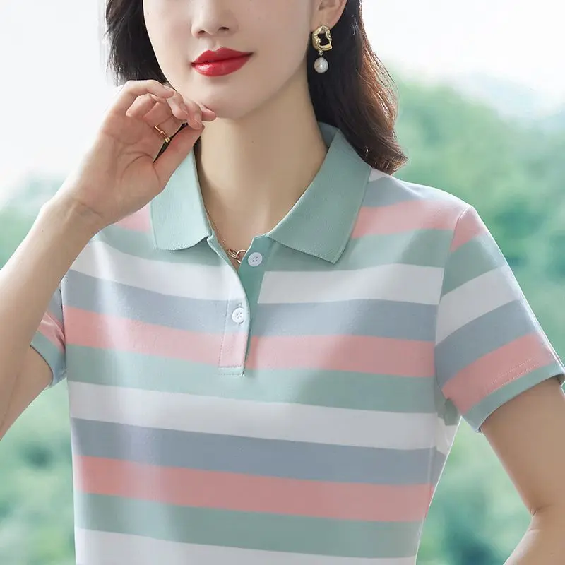Áo Thun Cotton Ngắn Tay Dành Cho Nữ, Cổ Polo Sọc, Thời Trang, Thích Hợp Cho Mẹ TRUNG NIÊN, Đi Chơi, Chống Lão Hóa, Mặc Mùa Hè, Hàng Mới Về, Áo, Áo Sơ Mi Váy Chống Nắng Khoét Lỗ Dành Cho Nữ, Áo Cánh 7 Kiểu