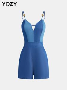 YOZY Women's Patchwork Print Backless Cami Romper, Casual Spaghetti Strap Romper for Summer, Fashion Women's Clothes for Daily Wear