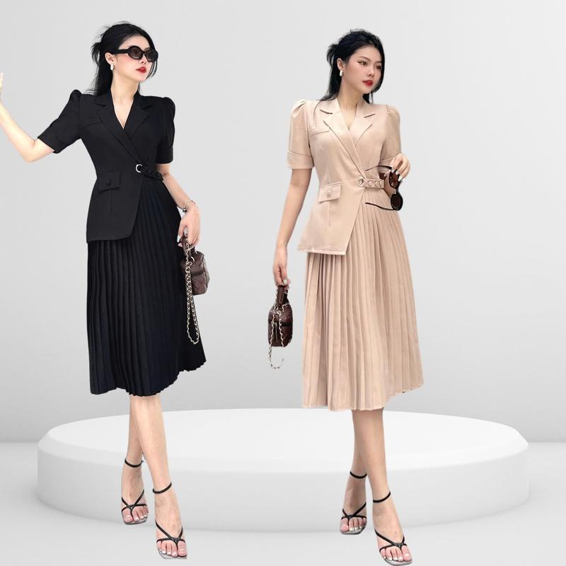 Đầm Nữ thiết kế NHẬT VY BOUTIQUE dáng vest dài dập ly đắp chéo phối cúc gài eo chất lụa sọc gân hàn phù hợp công sở đi tiệc 2 Màu Đen nude - D2724 Women Dress Kem Nhung