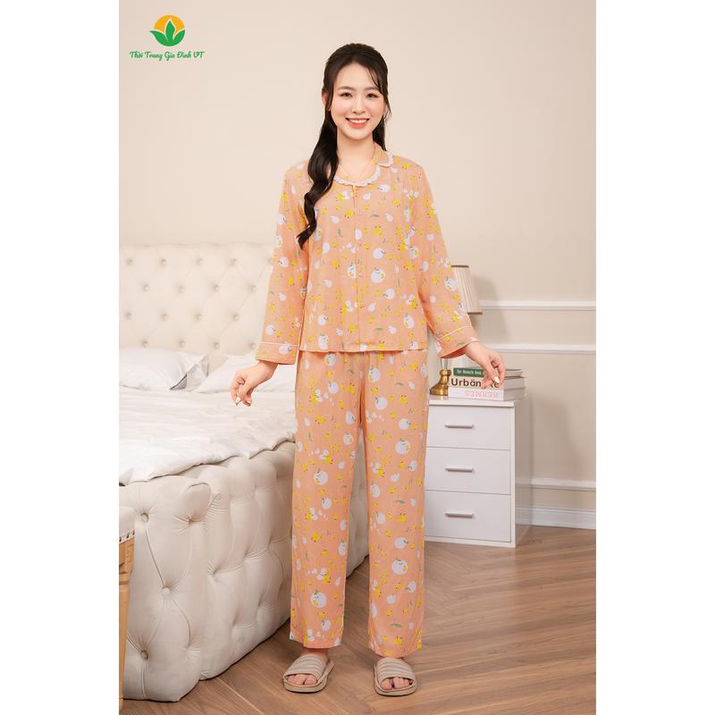 Bộ pijama lanh Tole nữ Việt Thắng áo dài tay quần dài cổ phối ren thời trang B10.2408 - Women Top Sen