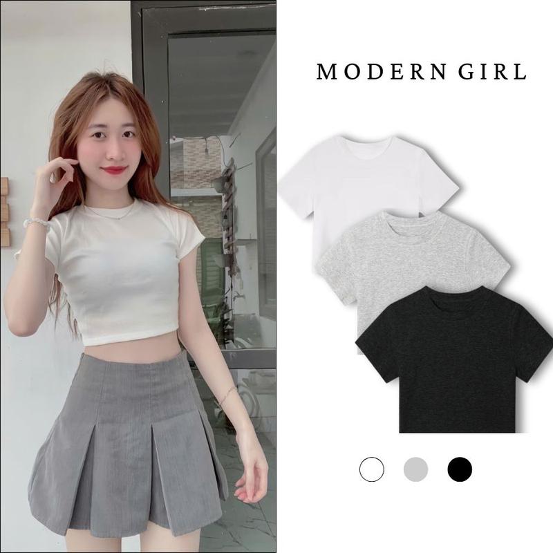 Áo thun Croptop Nữ Cổ Tròn Trơn chất liệu vải thun gân dày dặn - Women Nhung