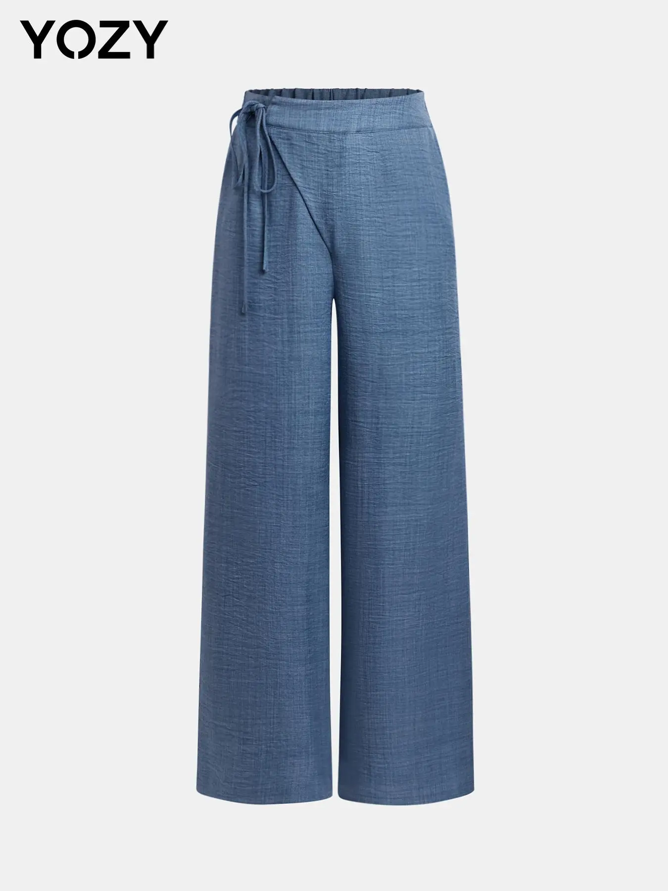 YOZY Women's Plain Elastic Waist Wide Leg Pants, Casual Comfy Tie Side Button Zipper Fly Trousers for Daily Wear, Ladies Bottoms for All Seasons