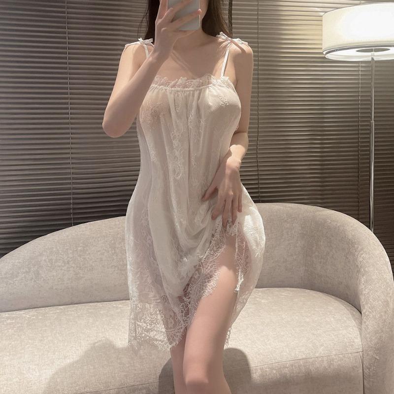 Product Introduction of Strap Top Nightgown, Women's Summer Sleepwear, Ice Silk, Black Mesh, Plus Size Lace, Low Cut Skirt, Spring Home Wear 13